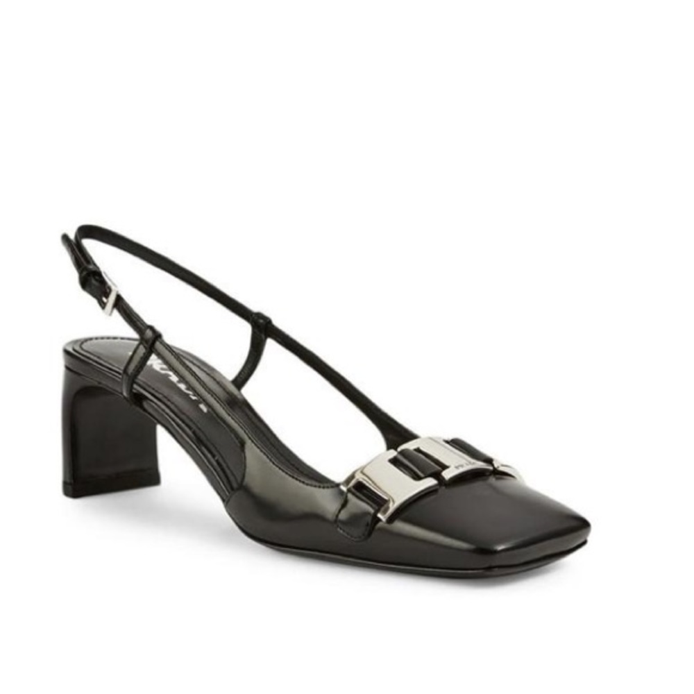 NEW NIB Prada Logo Silver Buckle Slingback Heels 37.5